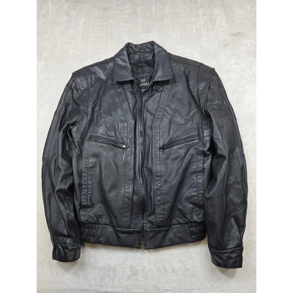 Bermans Leather Bomber Jacket Mens Small Long Black Thinsulate Removable Vintage